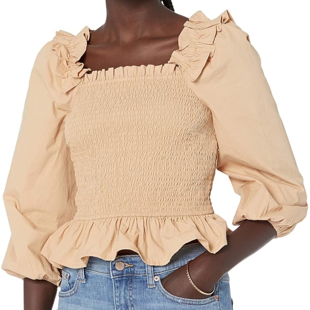 NWT The Drop Women's Marisol Long-Sleeve‎ Ruffle Smocked Top Tan medium Amazon